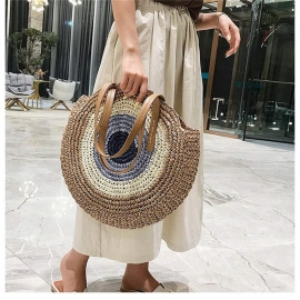 Handmade Woven Summer Beach Round Straw Bags for Women Rattan Shoulder Female  Message Handbag Totes