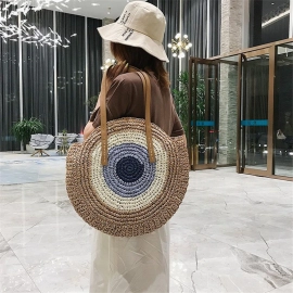 Handmade Woven Summer Beach Round Straw Bags for Women Rattan Shoulder Female  Message Handbag Totes